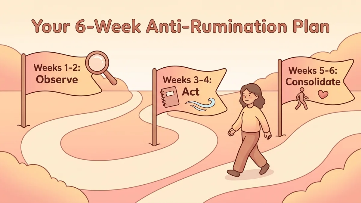 Infographic of the anti-rumination process: progressive steps over 6 weeks, from awareness to an established routine, with milestones and progress markers