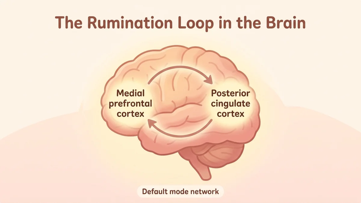 Infographic of the default mode network: brain areas activated during rumination, the medial prefrontal cortex and posterior cingulate cortex, with arrows showing the looping circuit