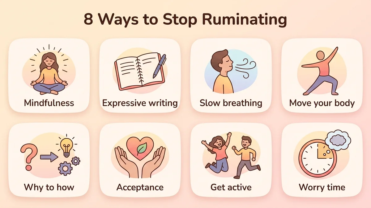 Infographic of the 8 techniques to stop rumination: mindfulness, writing, breathing, movement, why to how, acceptance, behavioral activation, scheduled worry time