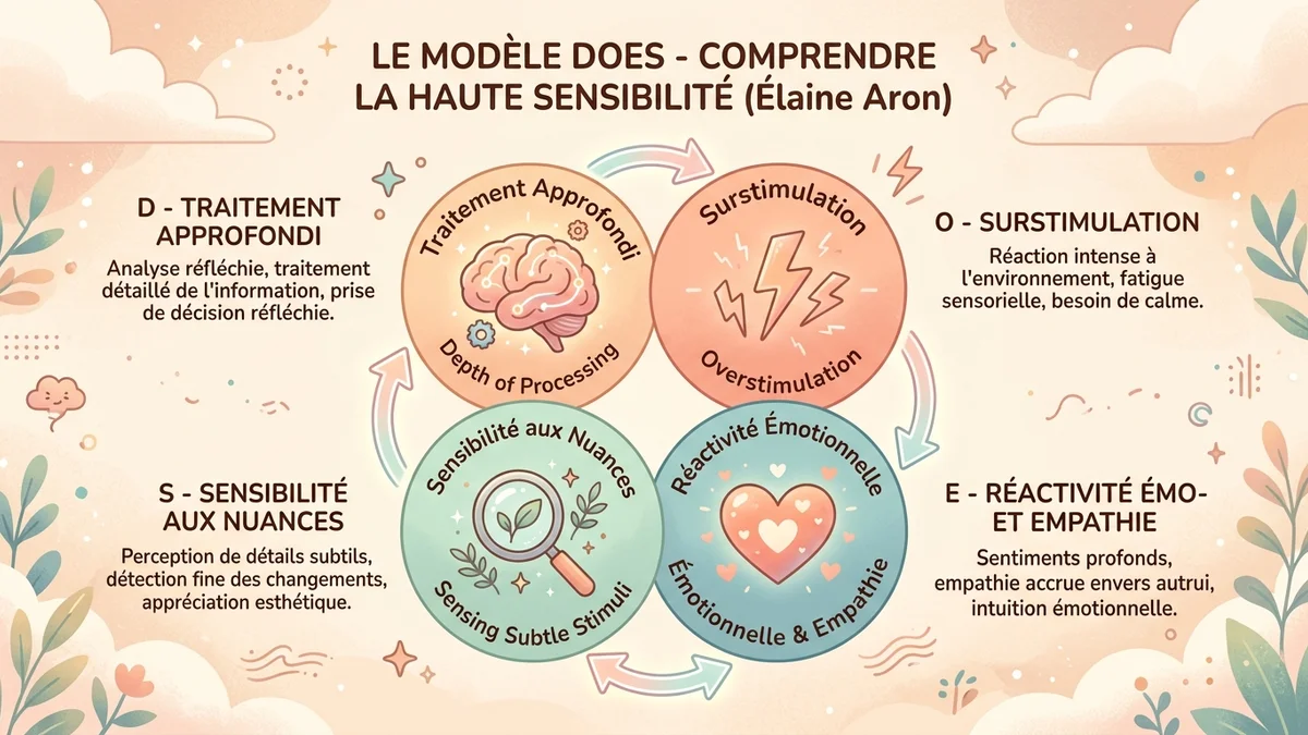 Infographie du modèle DOES d'Elaine Aron avec les 4 dimensions de la haute sensibilité