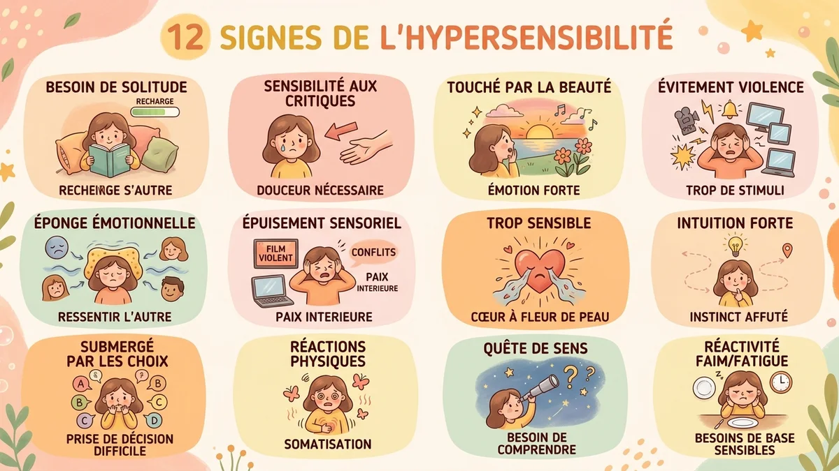 Infographie des 12 signes de l'hypersensibilité avec icônes et pourcentages