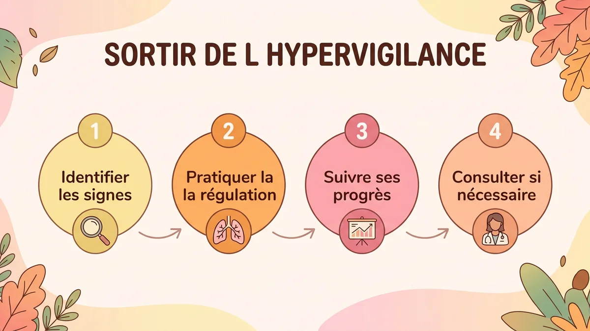 Infographie étape par étape du processus pour sortir de l'hypervigilance : identifier les signes, pratiquer la régulation, suivre ses progrès, consulter si nécessaire
