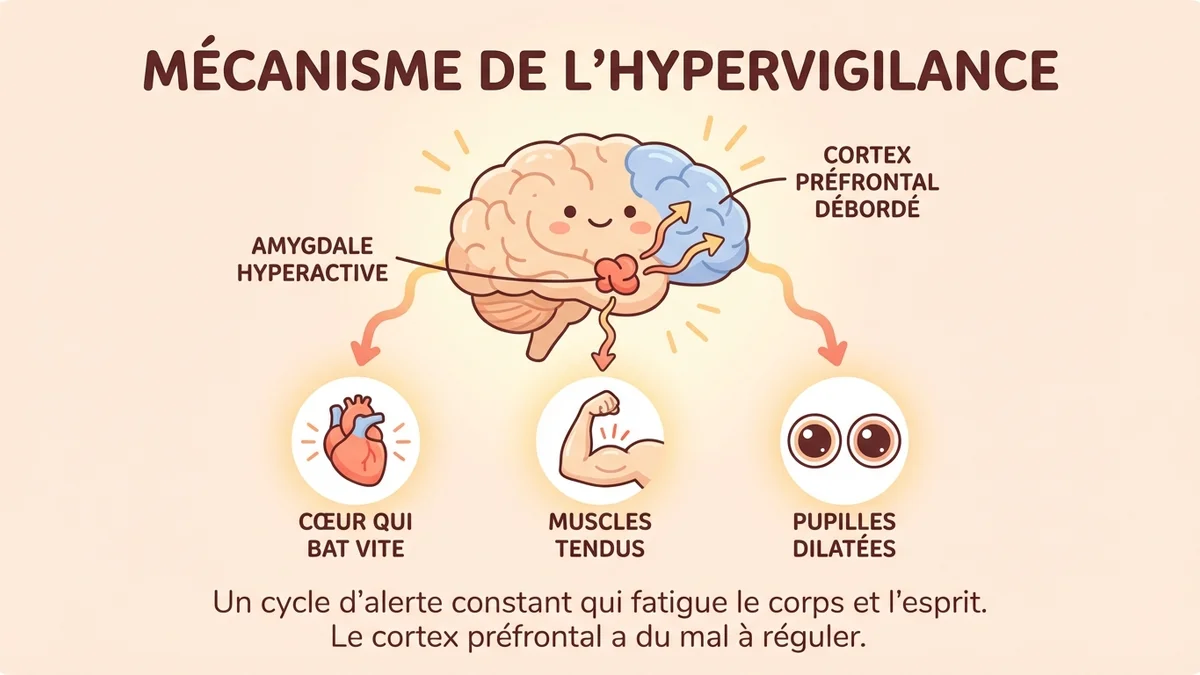 Infographie du mécanisme de l'hypervigilance : schéma visuel montrant l'amygdale hyperactive envoyant des signaux d'alerte au corps, avec le cortex préfrontal débordé et le système nerveux sympathique en suractivation