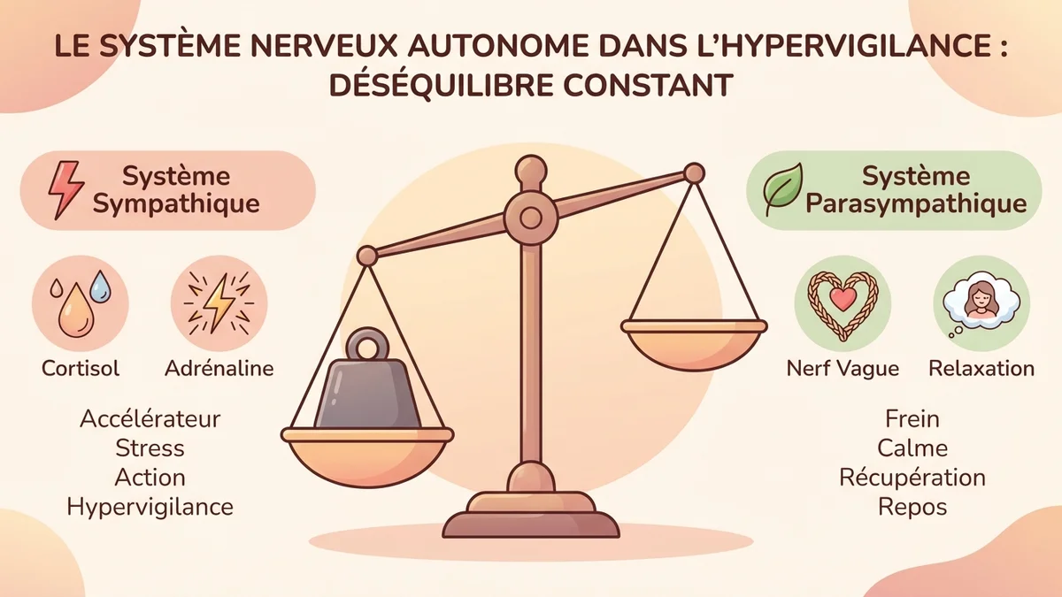 Infographie du fonctionnement cérébral dans l'hypervigilance : amygdale hyperactive versus cortex préfrontal affaibli, avec les hormones du stress (cortisol, adrénaline) et le nerf vague comme levier de régulation
