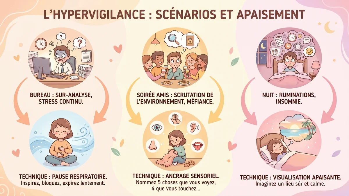 Infographie montrant les trois scénarios de vie réelle de l'hypervigilance avec les techniques d'apaisement associées à chaque situation