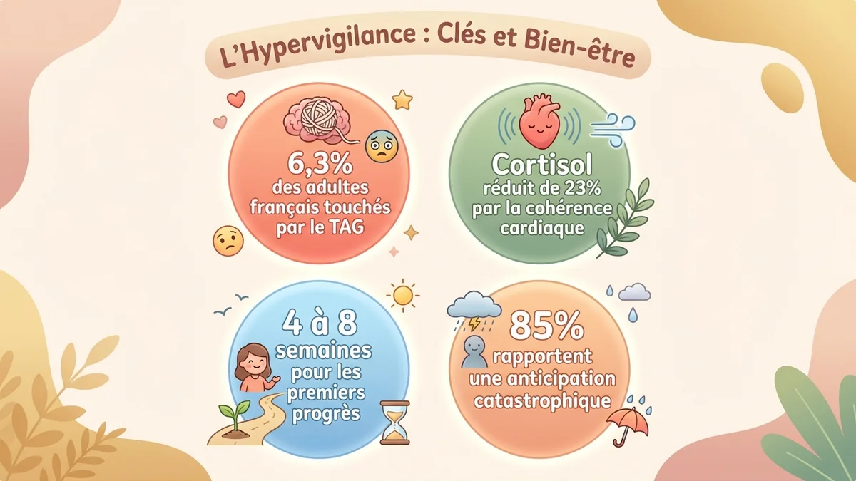 Infographie des statistiques clés de l'hypervigilance : pourcentage de personnes touchées, réduction du cortisol par la cohérence cardiaque, délais d'amélioration avec la TCC