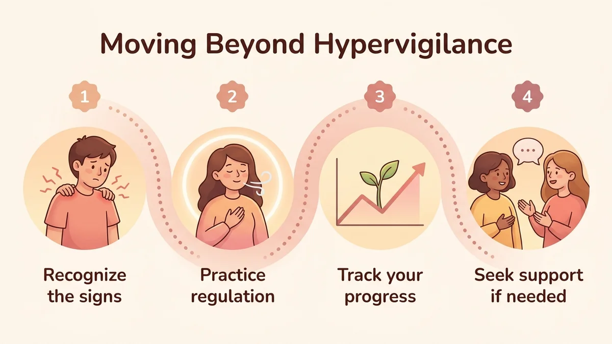 Step-by-step infographic of the process for moving beyond hypervigilance: recognize the signs, practice regulation, track your progress, seek help if needed