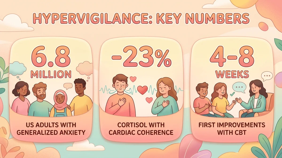 Infographic of key hypervigilance statistics: share of adults affected by generalized anxiety, cortisol reduction through cardiac coherence, time to improvement with CBT