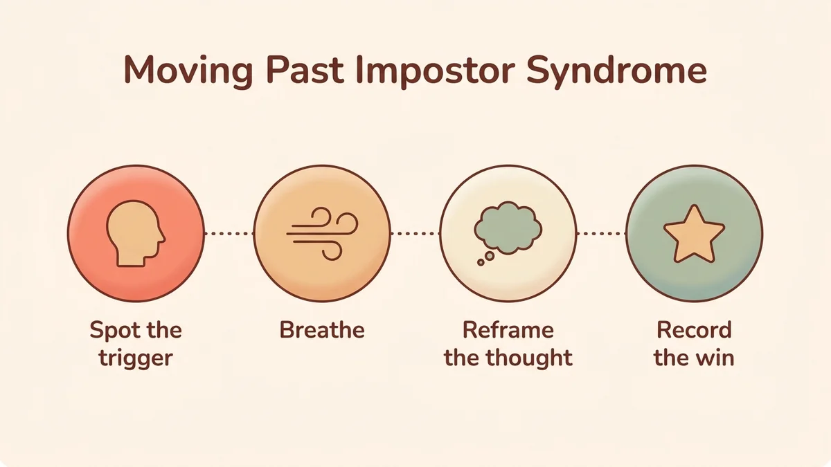 Process diagram of the 4 steps to overcome impostor syndrome: identify the trigger, breathe, reframe the thought, document the success