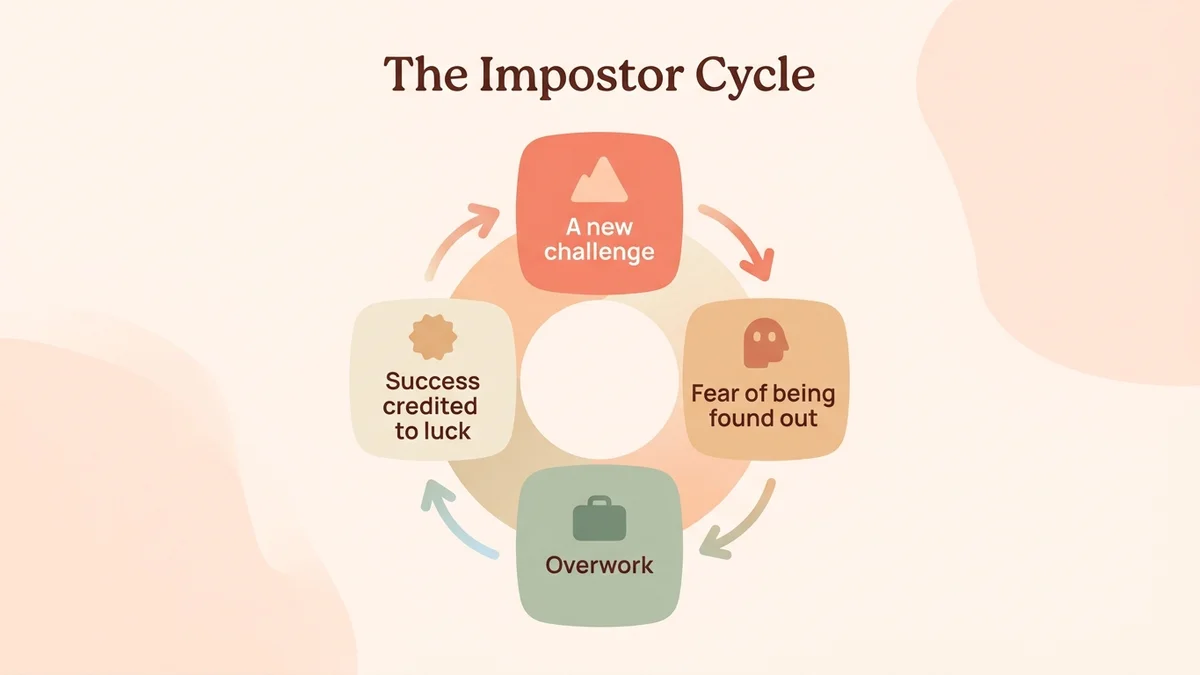 Infographic of the psychological mechanism of impostor syndrome: a cycle of negative thoughts, external attribution, fear and overcompensation, with icons