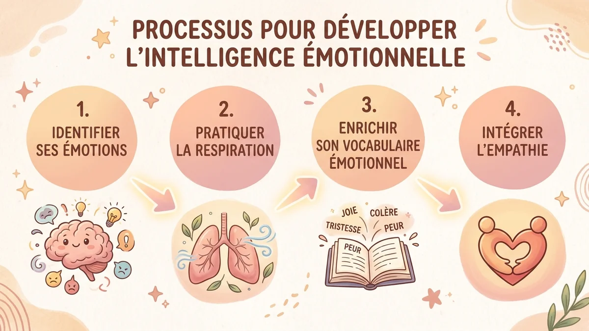Infographie du processus de développement de l'intelligence émotionnelle en 4 étapes : identifier ses émotions, pratiquer la respiration, enrichir son vocabulaire émotionnel, intégrer l'empathie au quotidien