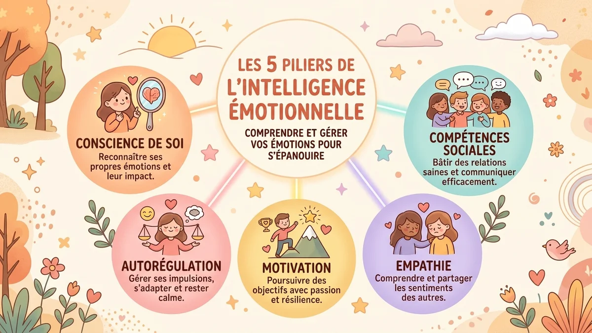 Infographie des 5 piliers de l'intelligence émotionnelle selon Goleman : conscience de soi, autorégulation, motivation, empathie et compétences sociales avec icônes et descriptions
