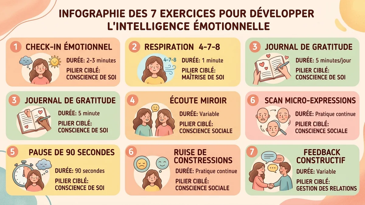Infographie des 7 exercices quotidiens pour développer l'intelligence émotionnelle avec durée et pilier ciblé pour chaque exercice