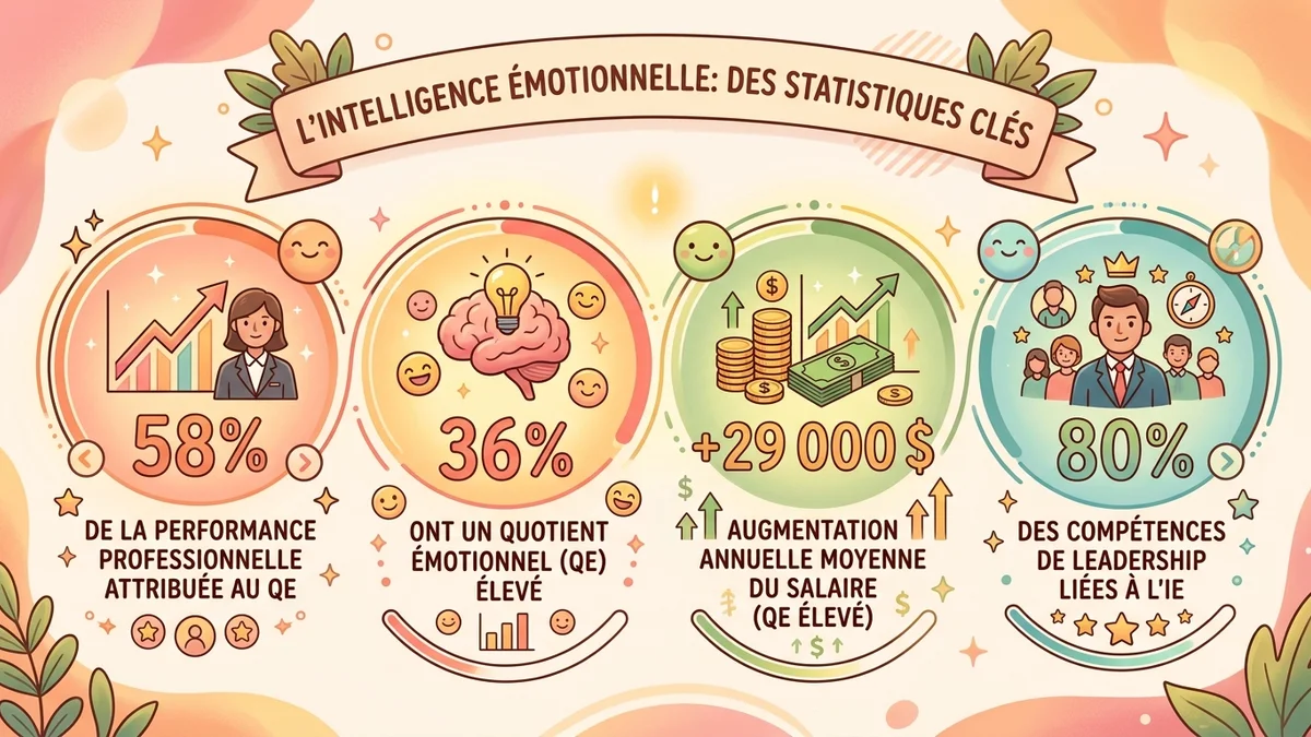Infographie des statistiques clés de l'intelligence émotionnelle : 58 pourcent de la performance professionnelle, 36 pourcent de la population avec un QE élevé, 29000 dollars de différence salariale, 80 pourcent des compétences de leadership
