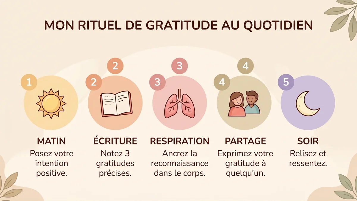 Schéma du processus étape par étape pour intégrer la gratitude dans votre routine quotidienne avec Serena : réveil, moment de gratitude, respiration, suivi d'humeur, bilan du soir