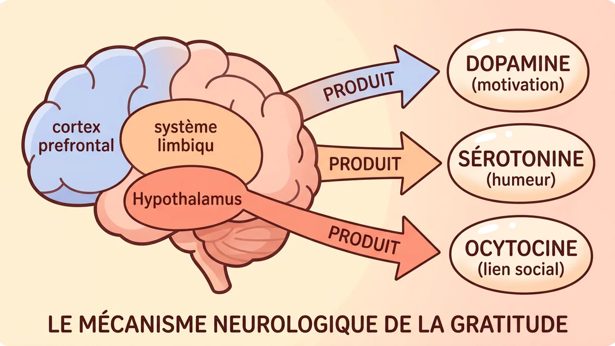 Infographie du mécanisme neurologique de la gratitude : schéma du cerveau avec les zones activées (cortex préfrontal, hypothalamus, système limbique), production de dopamine et sérotonine, réduction du cortisol