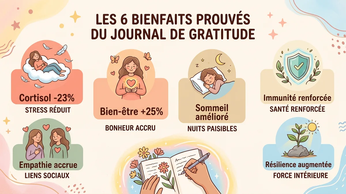 Infographie des bienfaits prouvés du journal de gratitude avec statistiques : cortisol -23%, bien-être +25%, sommeil amélioré, immunité renforcée, empathie accrue, résilience augmentée