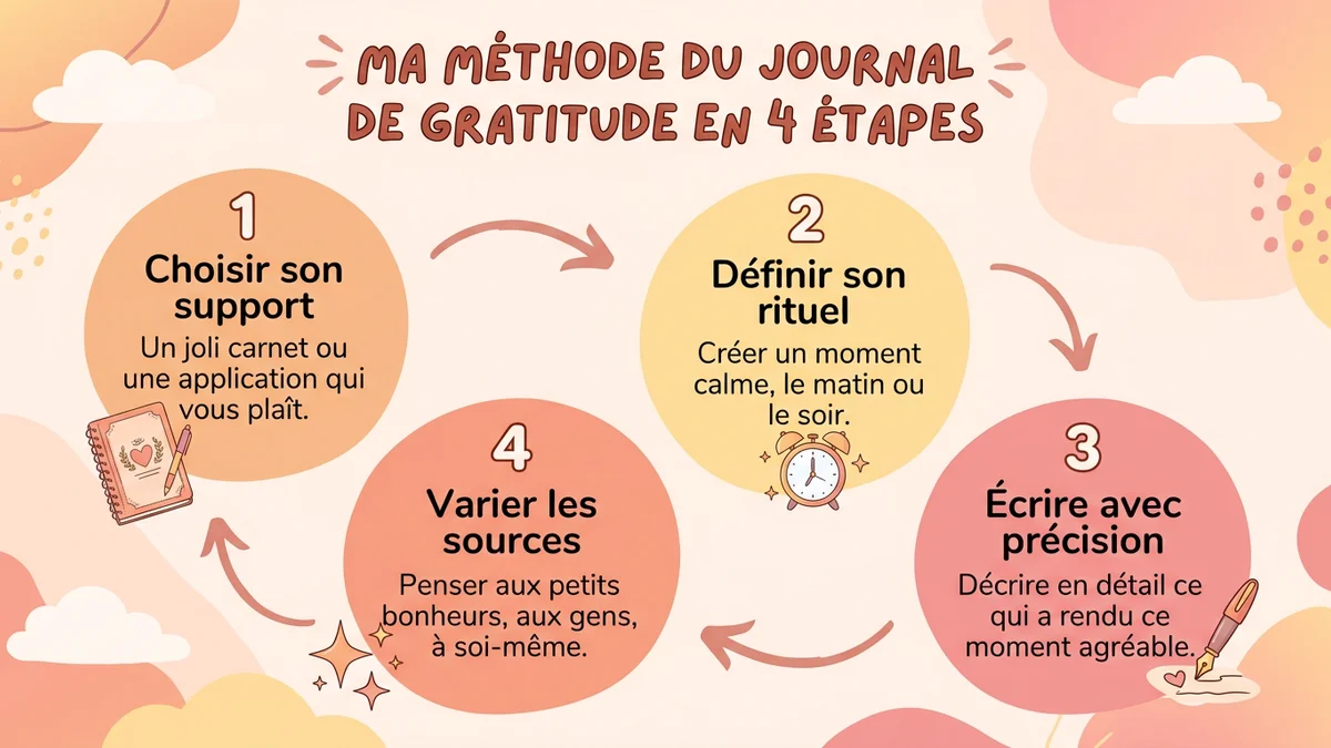Infographie de la méthode en 4 étapes du journal de gratitude : choisir son support, définir son rituel, écrire avec précision, varier les sources de reconnaissance