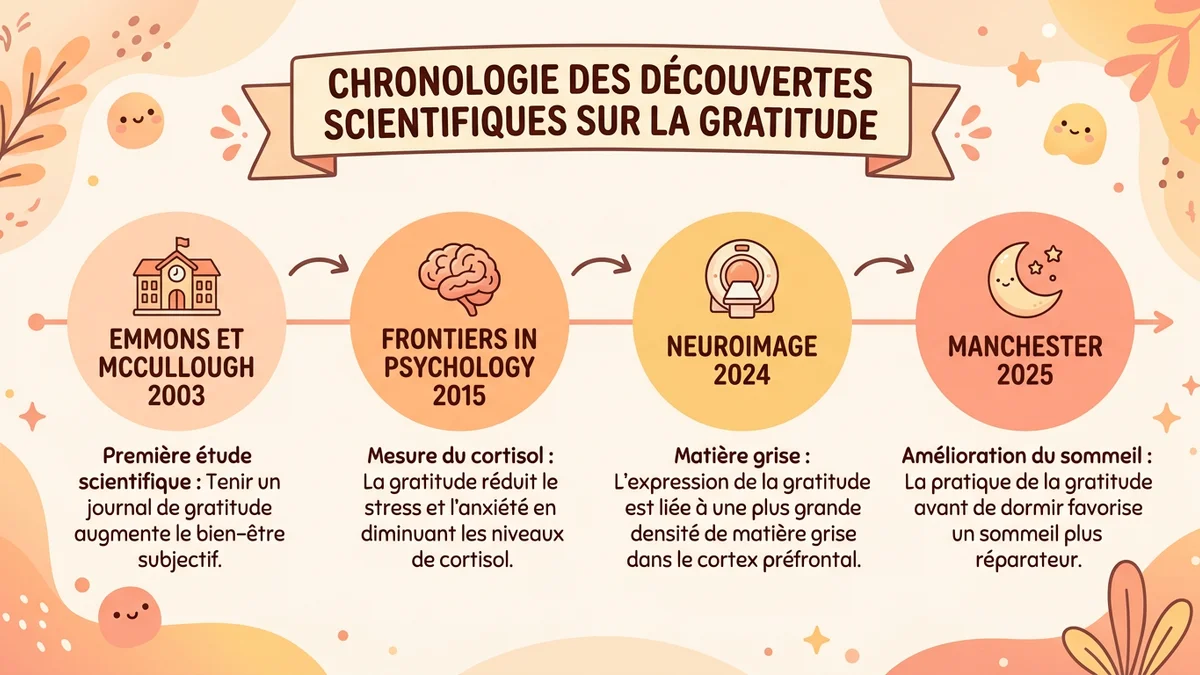 Infographie chronologique des découvertes scientifiques majeures sur la gratitude : Emmons 2003, Frontiers in Psychology 2015, NeuroImage 2024, Manchester 2025
