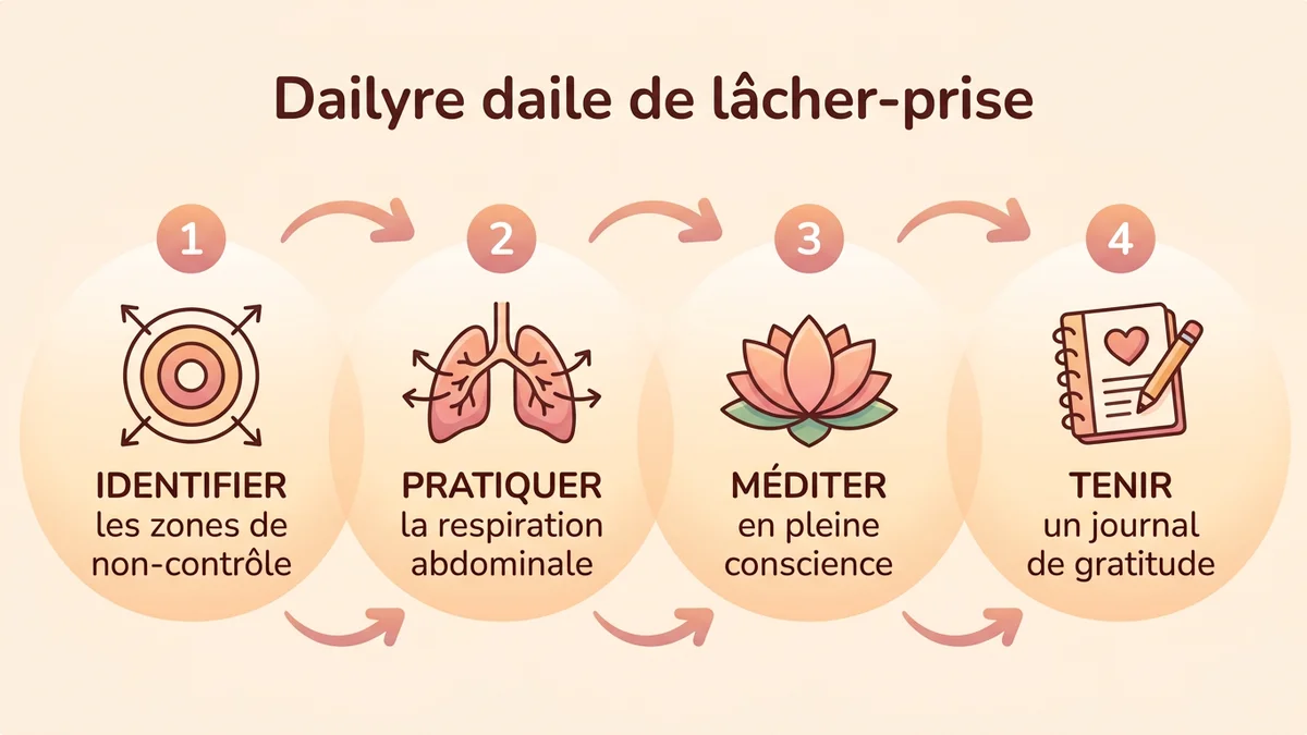 Schéma du processus étape par étape pour intégrer le lâcher-prise au quotidien : étape 1 identifier les zones de non-contrôle, étape 2 pratiquer la respiration, étape 3 méditer en pleine conscience, étape 4 tenir un journal, avec cercles numérotés et icônes
