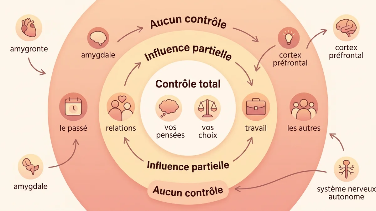 Infographie du mécanisme psychologique du lâcher-prise : schéma visuel avec les trois zones de contrôle (contrôle total, influence partielle, aucun contrôle) reliées par des flèches, avec icônes explicatives et termes clés