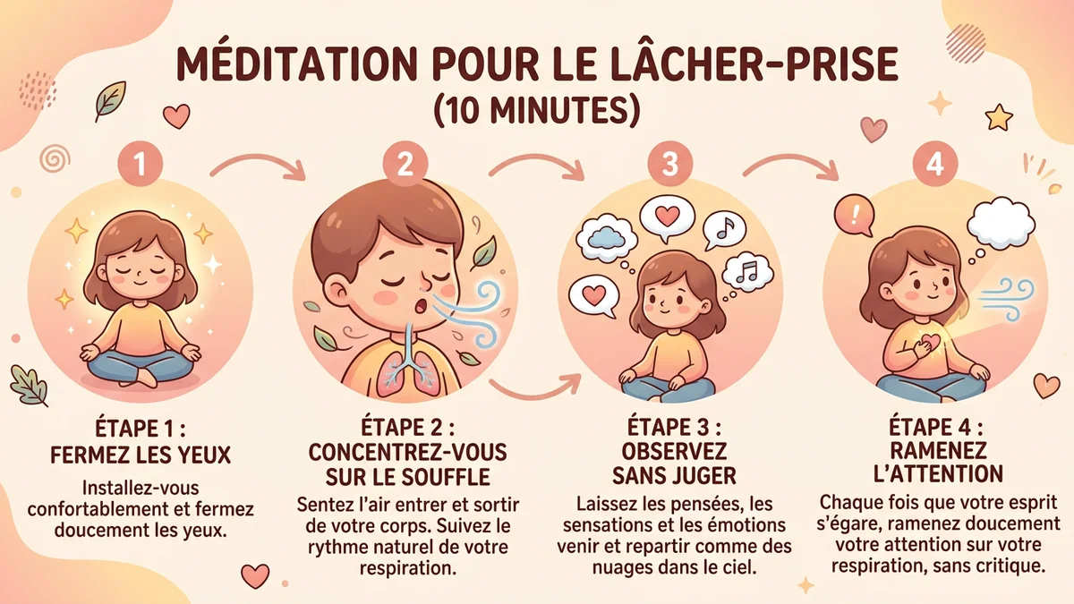 Infographie de la méthode de méditation pour le lâcher-prise avec les 4 étapes clés numérotées, icônes visuelles de respiration et de pleine conscience, et chiffres de durée