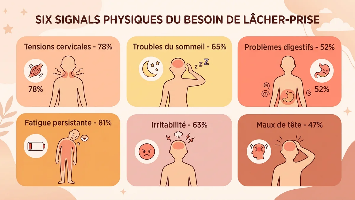 Infographie des signaux physiques du besoin de lâcher-prise avec six zones du corps affectées par le stress, pourcentages de prévalence et icônes par catégorie