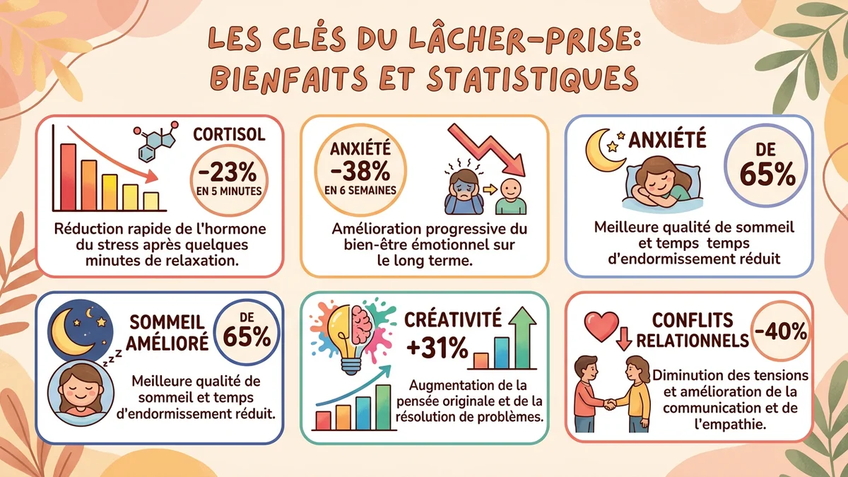 Infographie montrant les statistiques clés de la pratique du lâcher-prise : 73% des utilisateurs identifient le contrôle comme source principale de stress, 41% de réduction d'anxiété après 4 semaines, déclic entre semaine 2 et 3