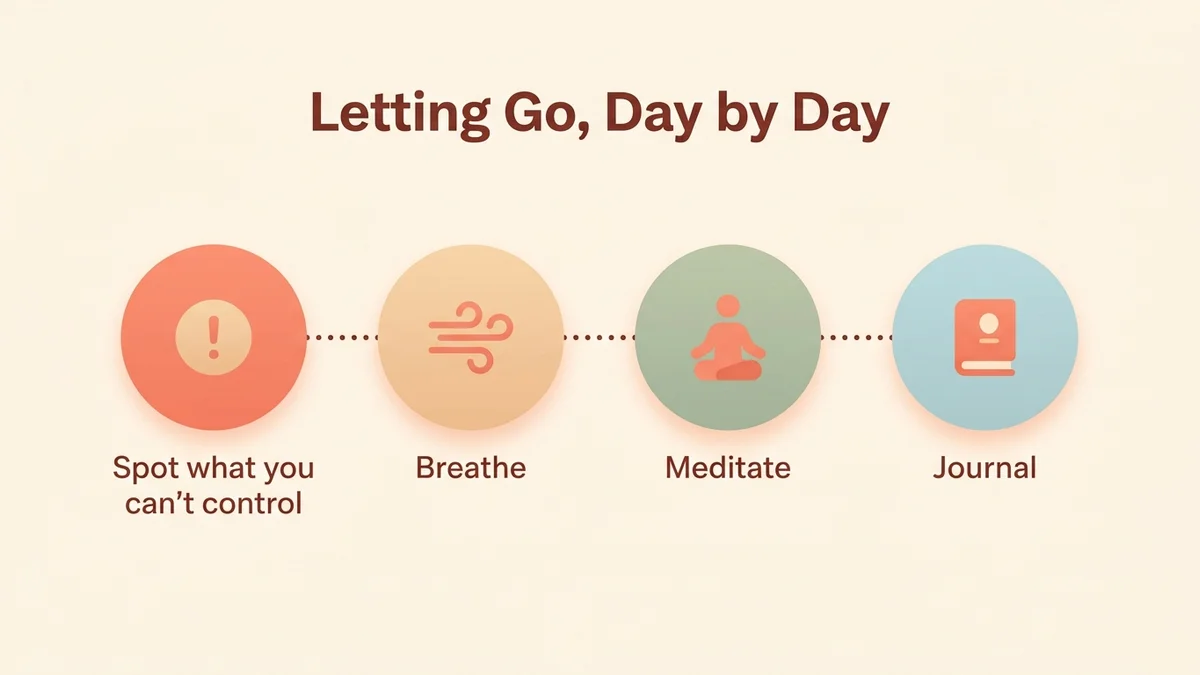 Step-by-step process diagram for making letting go part of daily life: identify what you can't control, practice breathing, meditate mindfully, keep a journal
