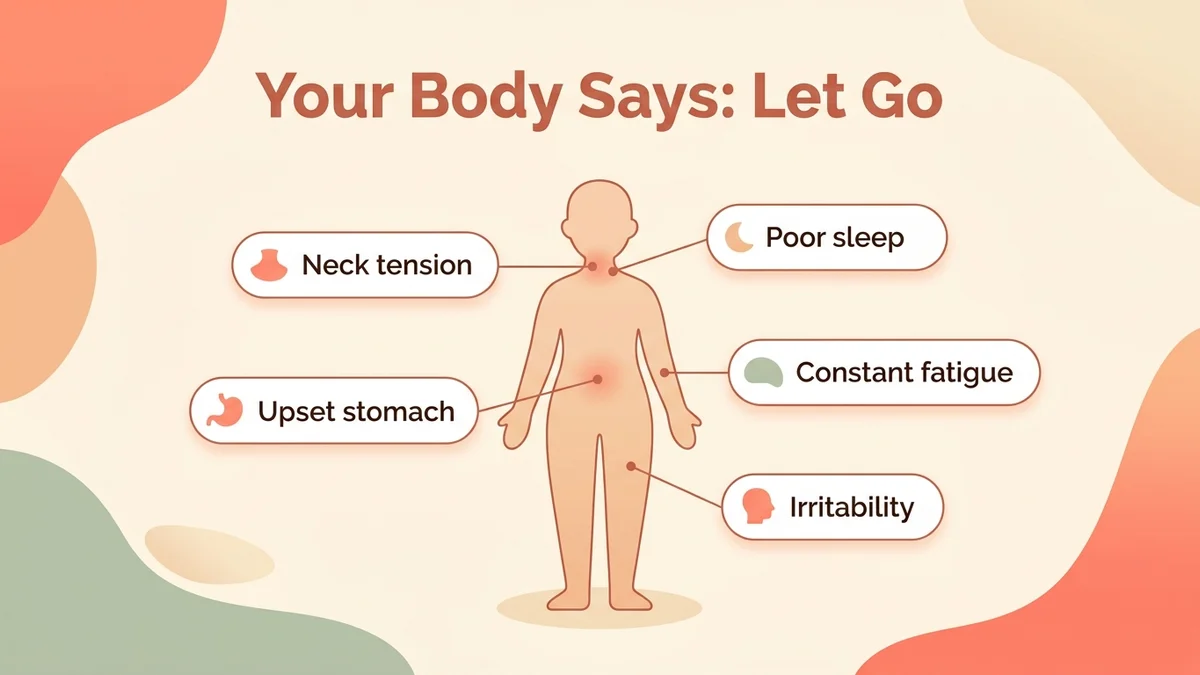 Infographic of the physical signals that you need to let go, with six body areas affected by stress and icons for each category