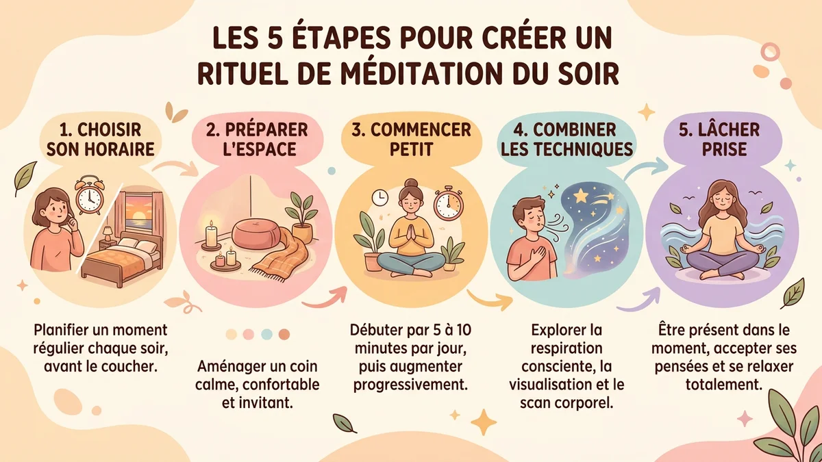 Schéma du processus étape par étape pour créer son rituel de méditation du soir : de la préparation de l'espace à l'endormissement, avec cercles numérotés et icônes