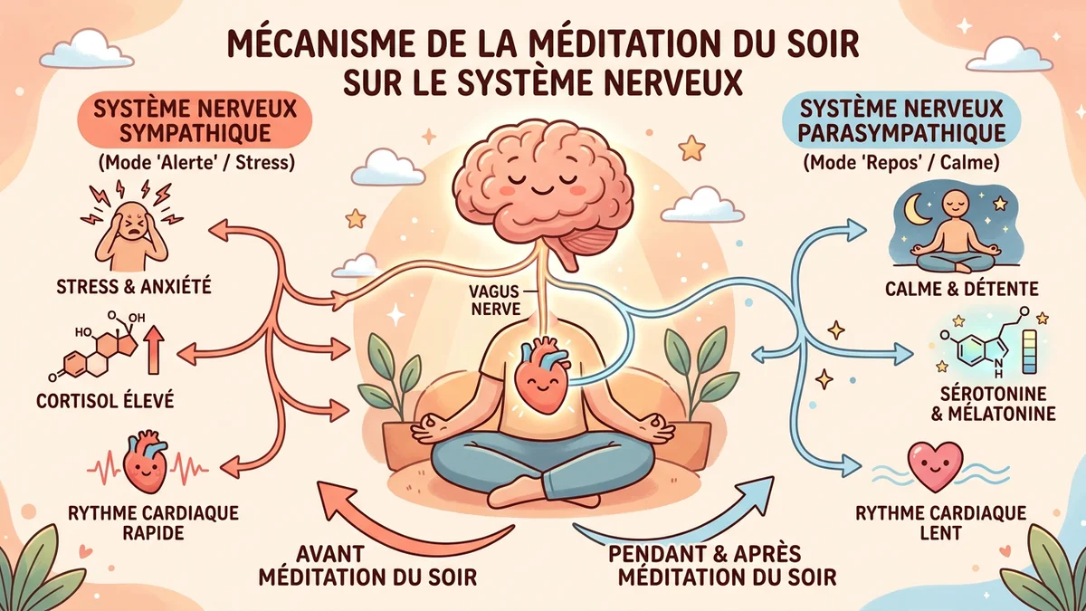 Infographie du mécanisme de la méditation du soir sur le système nerveux : schéma montrant l'activation du parasympathique, la baisse du cortisol et la hausse de sérotonine avec icônes explicatives