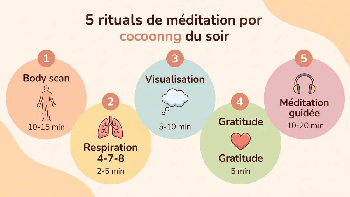 Infographie des 5 rituels de méditation du soir avec durée, difficulté et icônes visuelles pour chaque technique : body scan, respiration, visualisation, gratitude, méditation guidée