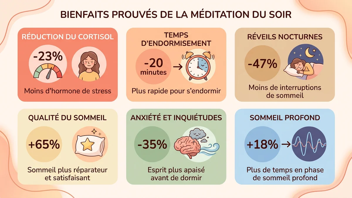 Infographie des bienfaits prouvés de la méditation du soir avec statistiques, pourcentages et icônes par catégorie : sommeil, stress, anxiété, récupération