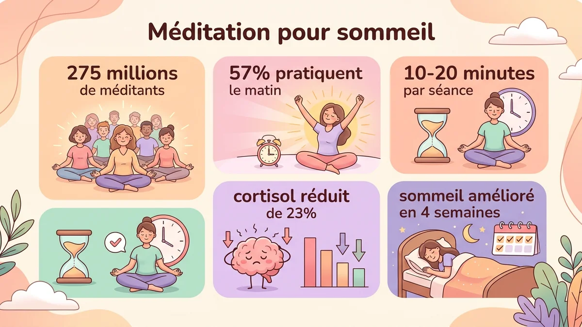 Infographie des statistiques clés de la méditation du soir : pourcentages de réduction du stress, amélioration du sommeil et données d'efficacité par technique