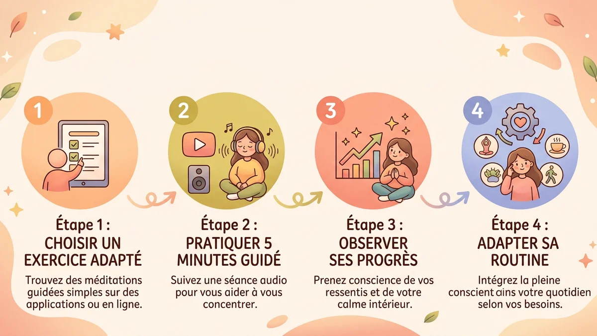 Infographie du processus étape par étape pour débuter la méditation pleine conscience avec Serena : choix de l'exercice, pratique guidée, suivi des progrès et adaptation personnalisée