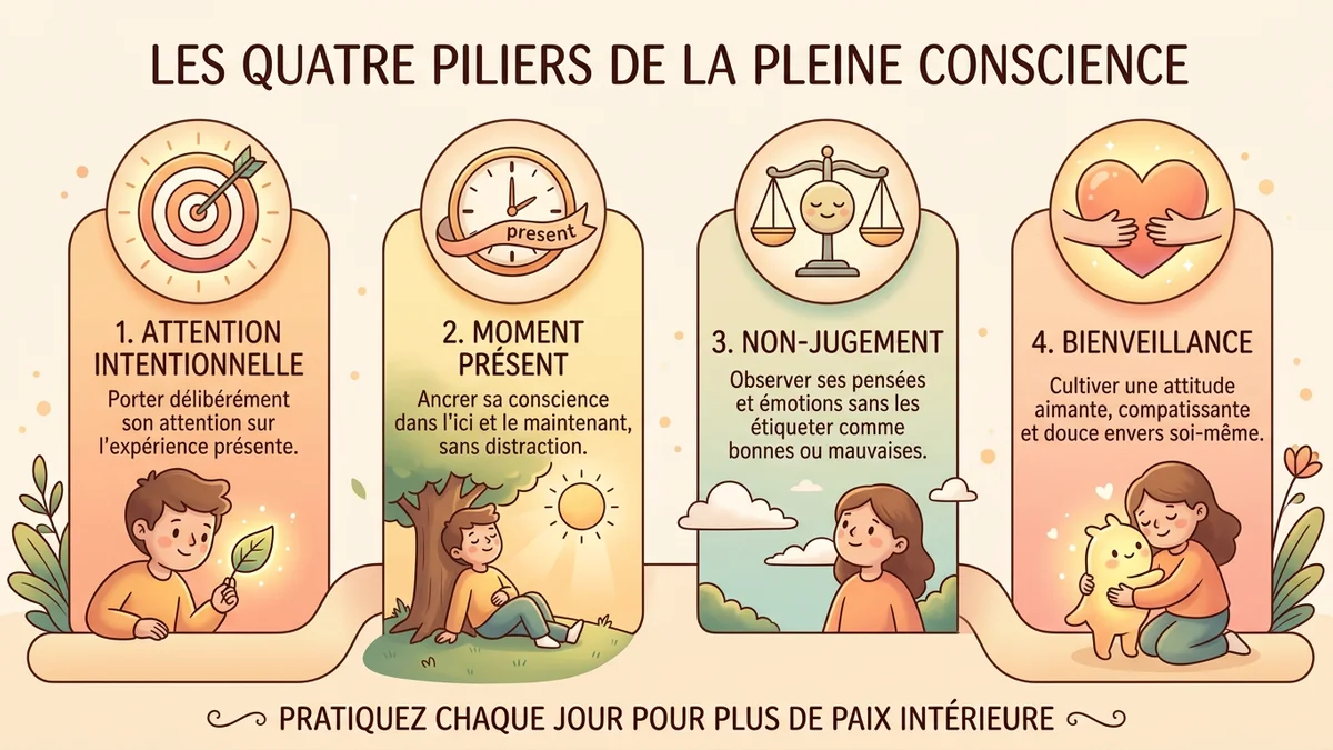 Infographie des quatre piliers de la méditation pleine conscience : attention intentionnelle, moment présent, non-jugement et bienveillance, avec icônes et définitions en français