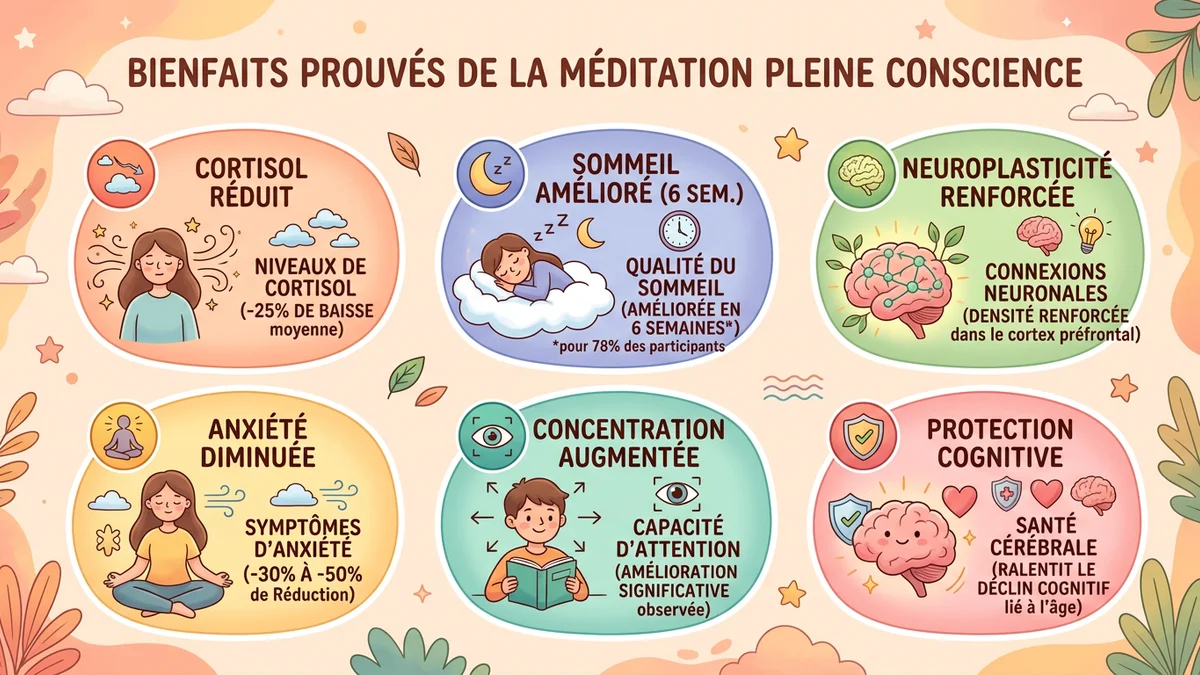 Infographie des bienfaits scientifiquement prouvés de la méditation pleine conscience : réduction du cortisol, amélioration du sommeil, renforcement de l'attention et neuroplasticité, avec pourcentages et icônes par catégorie