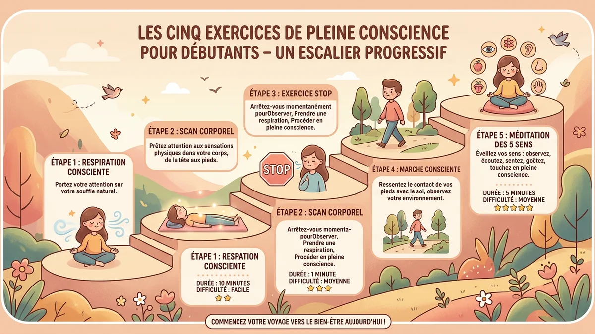 Infographie des 5 exercices de pleine conscience pour débutants : respiration consciente, scan corporel, méthode STOP, marche consciente et méditation des 5 sens, avec durée et niveau de difficulté