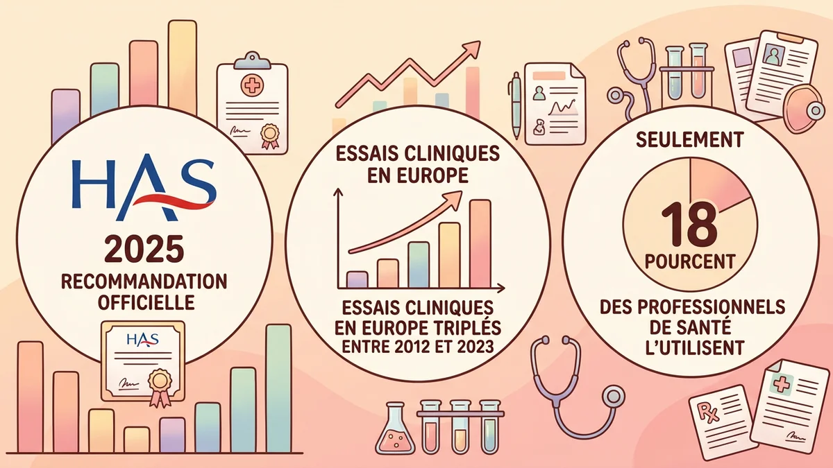 Infographie des statistiques clés sur la méditation pleine conscience en France : recommandation HAS 2025, nombre d'études RCT en Europe triplé entre 2012-2023, et 18 % des professionnels de santé utilisateurs réguliers