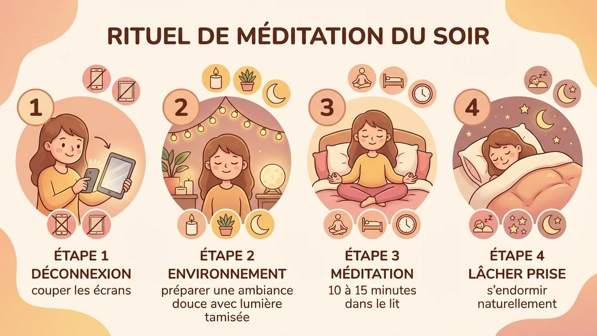Schéma du rituel de méditation du soir en 4 étapes pour un endormissement naturel et progressif