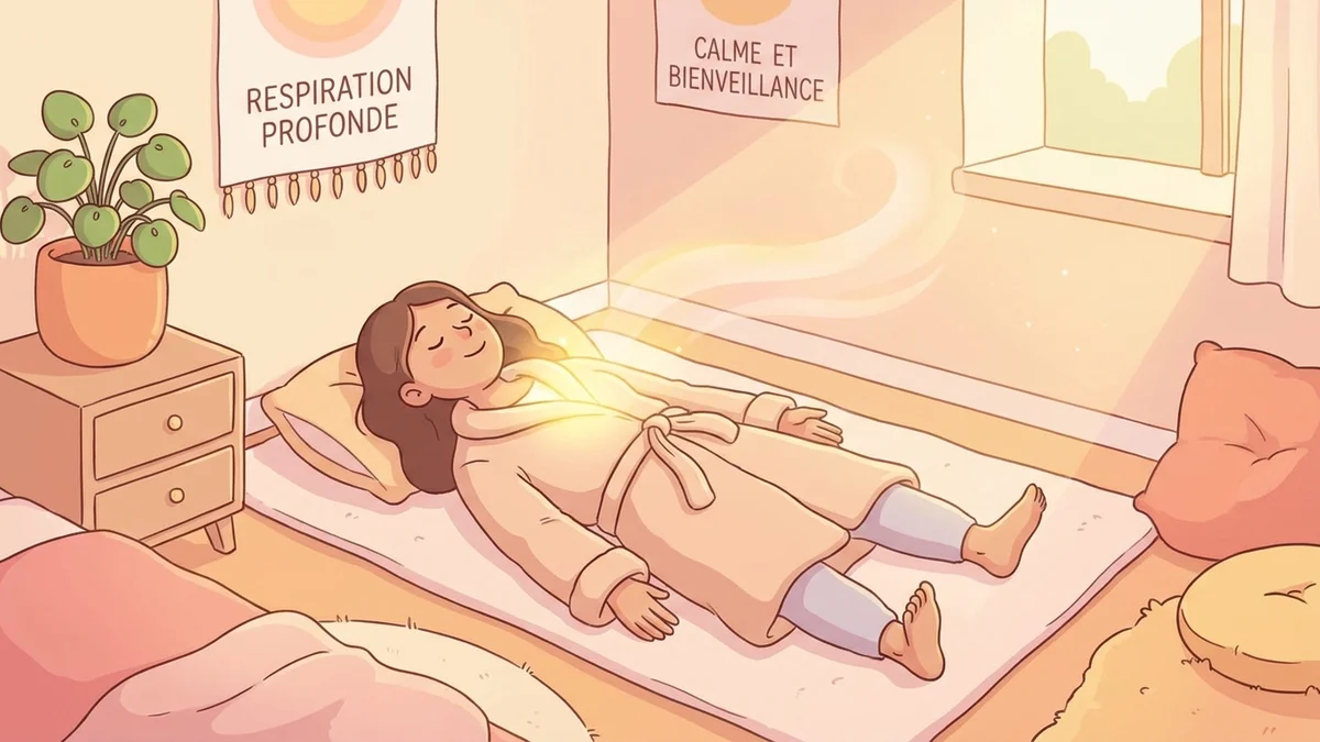 Personne allongée paisiblement dans une chambre baignée de lumière douce, les yeux fermés, respirant calmement avant de s'endormir