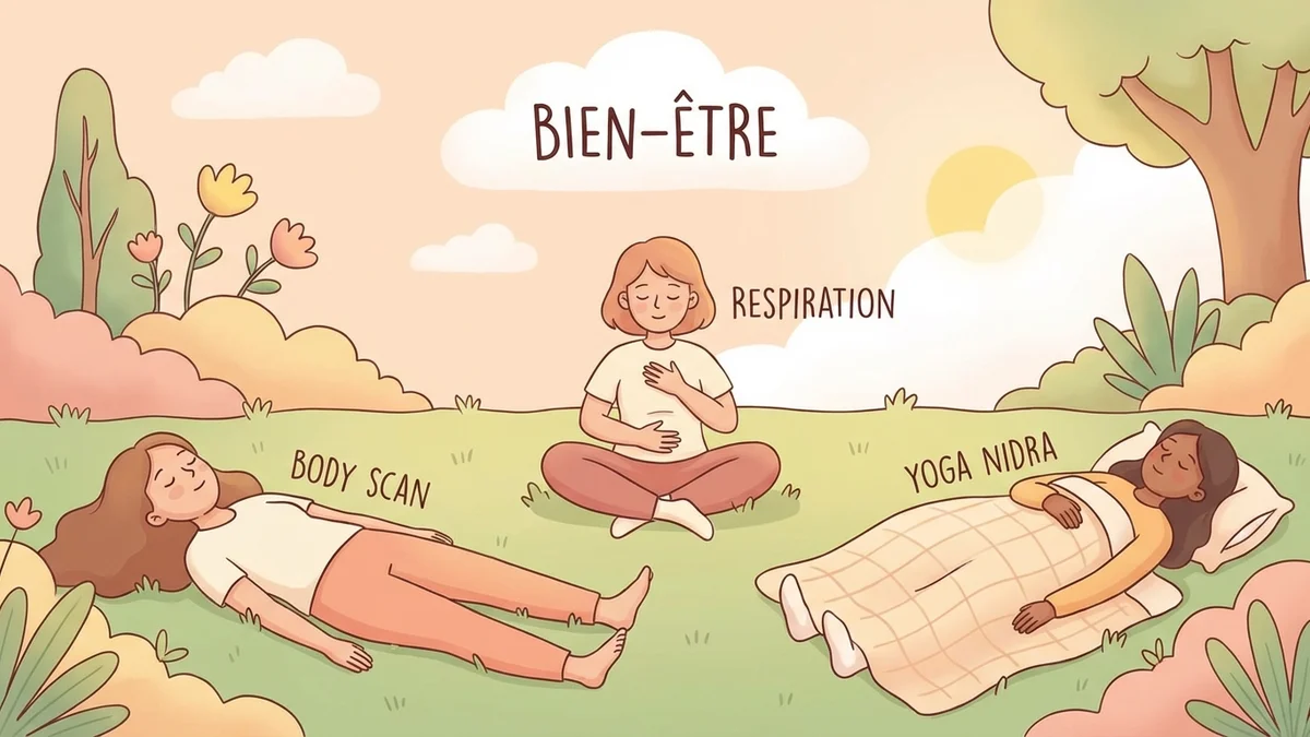 Illustration comparative de sept techniques de méditation pour dormir avec leurs effets sur le corps et l'esprit