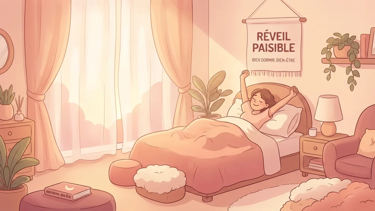Personne souriante au réveil après une nuit de sommeil réparatrice, visage serein et détendu dans une chambre lumineuse