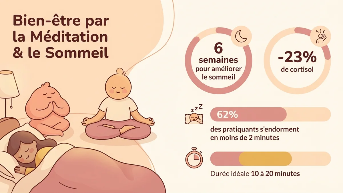 Infographie montrant les statistiques clés sur l'efficacité de la méditation pour le sommeil selon les études scientifiques