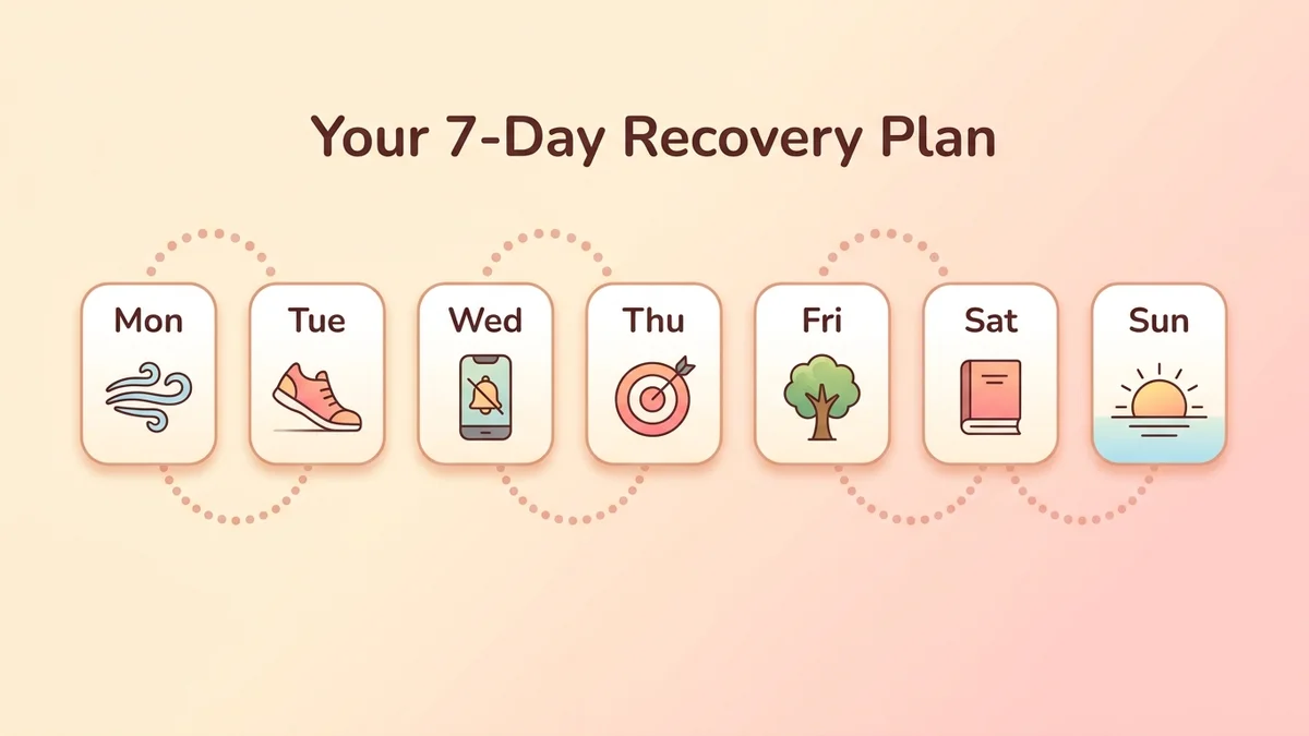 Infographic of the 7-day anti-mental-exhaustion plan: daily progression with icons for breathing, walking, gratitude, mood tracking and rest, in a warm pastel palette