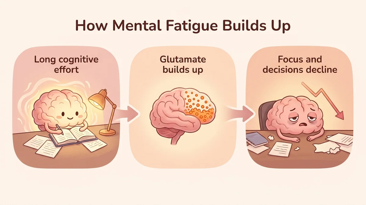 Infographic of how mental fatigue works: an overloaded prefrontal cortex, glutamate buildup, declining cognitive performance, with brain icons and progression arrows