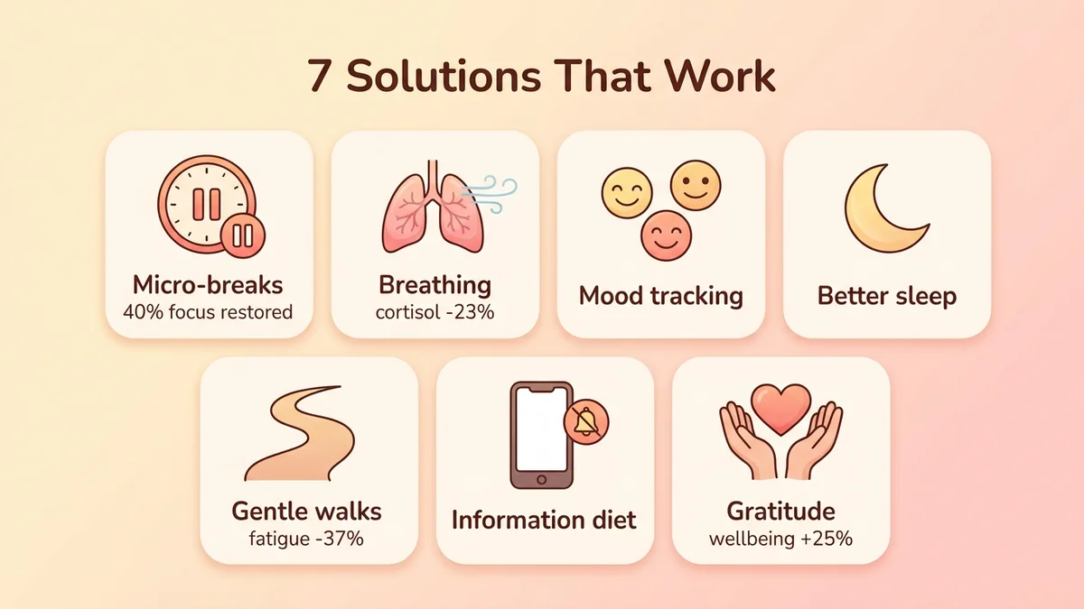 Infographic of the 7 solutions with effectiveness statistics: micro-breaks (40% of concentration restored), breathing (cortisol -23%), mood tracking, sleep, gentle movement (fatigue -37%), information diet, gratitude (wellbeing +25%)