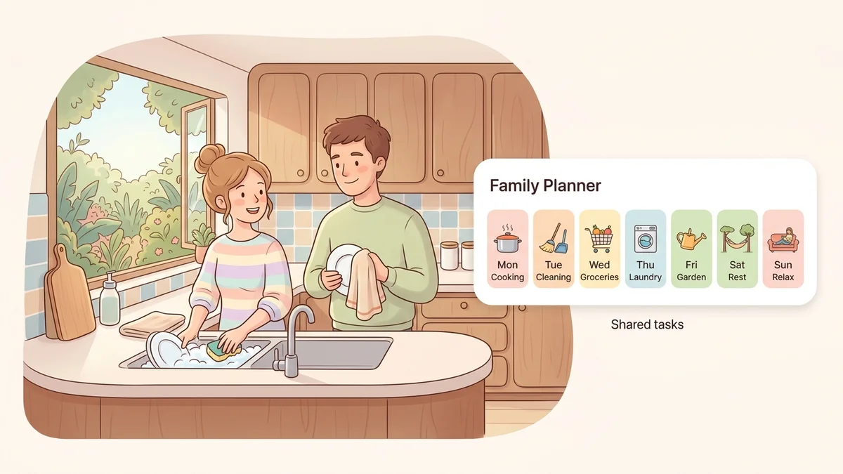 Couple sharing household tasks together with a family planner