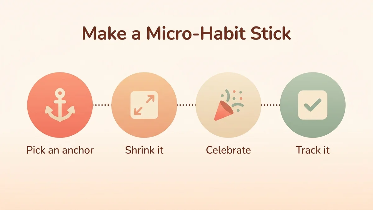 Infographic of the 4-step process to anchor a micro-habit: choose an anchor, shrink the action, celebrate, track